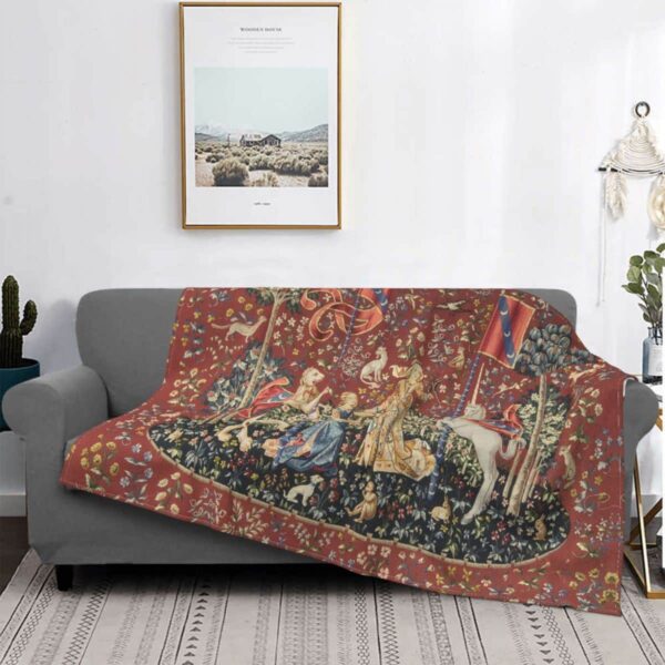 Canapé gris dans un salon avec une couverture rouge à motifs de licorne et autres personnages. Au dessus du canapé se trouve un tableau accroché au mur.