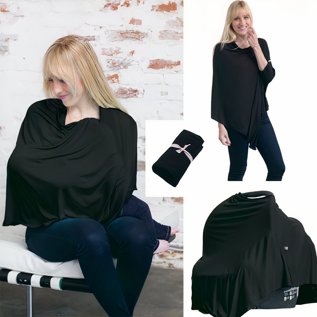 Deux images d'une femme blonde portant une couverture noire et une image avec un landau recouvert par un tissu noir. Au milieu, une couverture noire pliée avec une ruban blanc autour