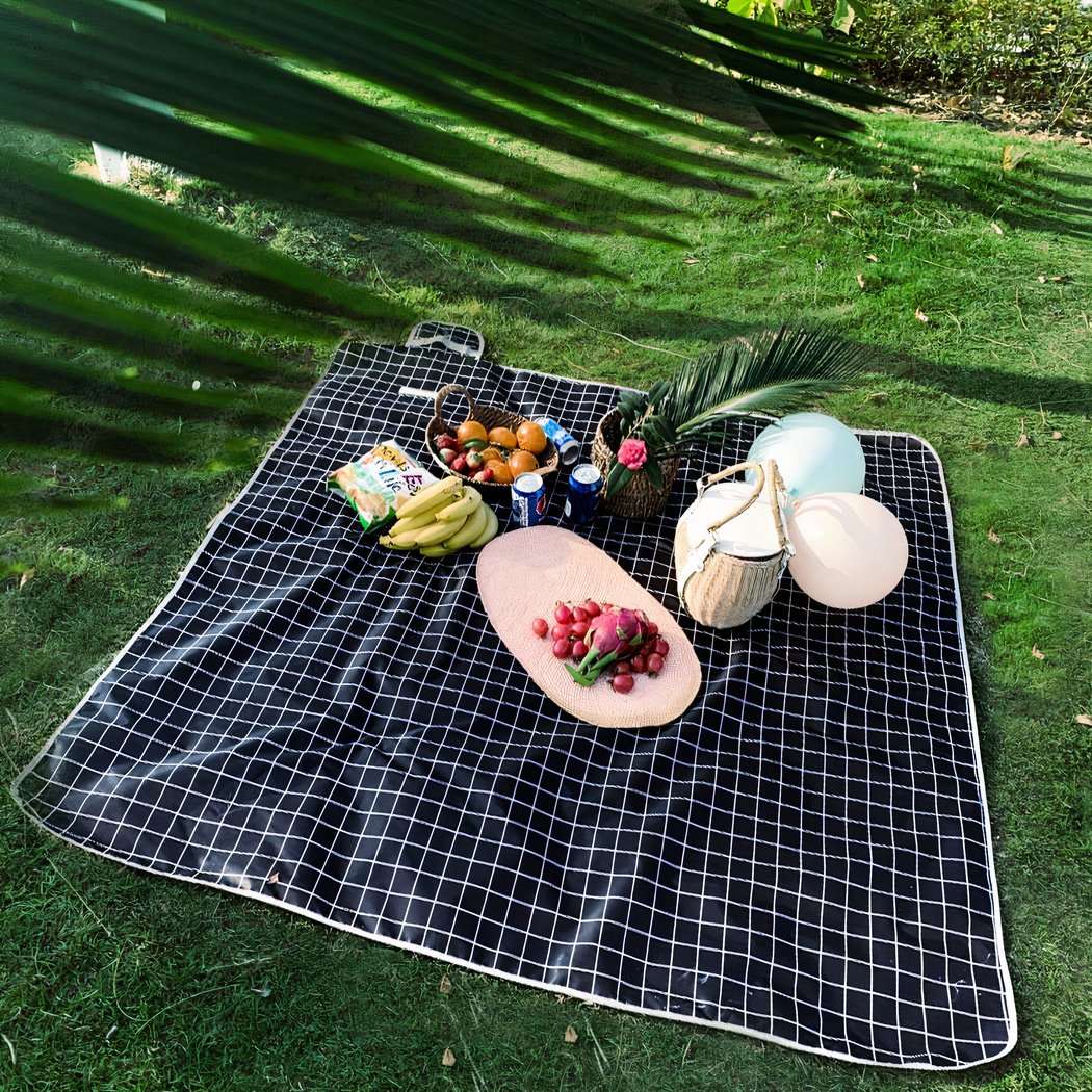 Couverture de pique-nique noire à carreaux avec des fruits et des ballons posés dessus. La couverture est posée sur l'herbe