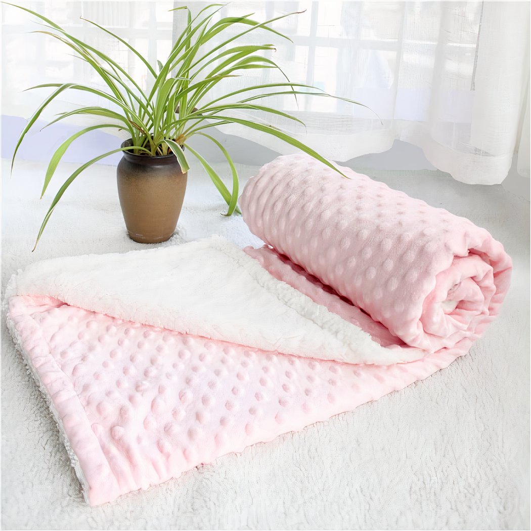 Photo d'une couverture polaire rose.à points, à moitié déroulée sur le sol avec une plante à côté.