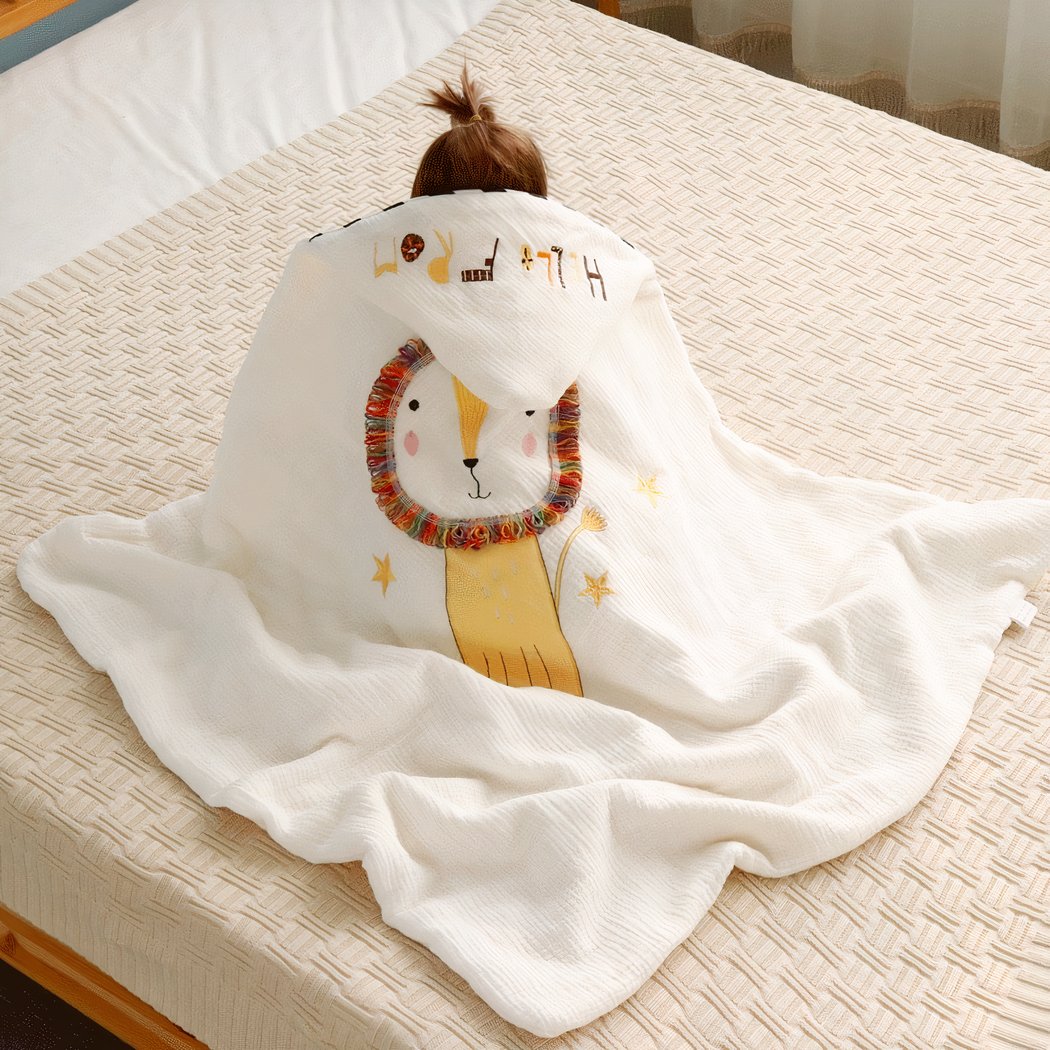 Couverture blanche avec un dessin de lion dessus posées sur un bébé assis dans un lit avec des draps beiges