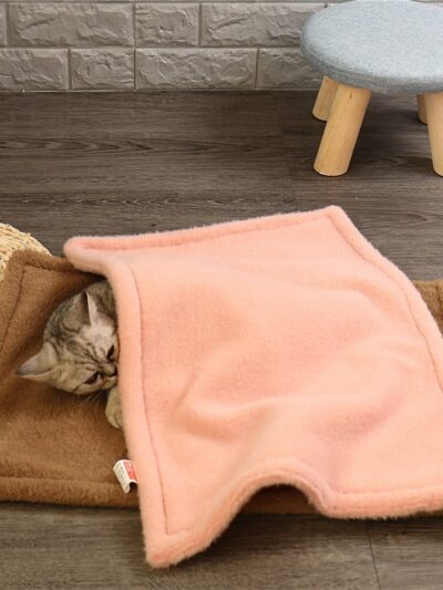 Au sol d'une pièce, on voit un chaton allongé sur une couverture marron et recouvert par une couverture rose. Il est prêt d'un tabouret.