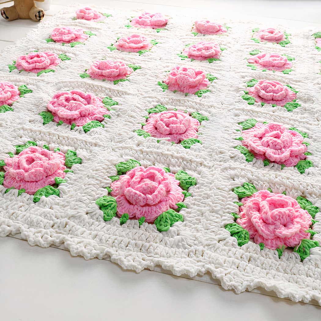 Couverture tricotée en crochet blanche avec des motifs floraux rose.