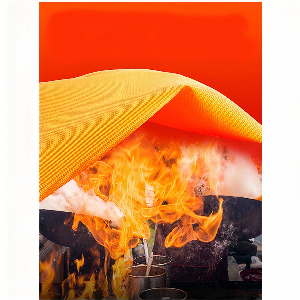On voit une couverture anti-feu orange qui recouvre une cuisinière en feu.