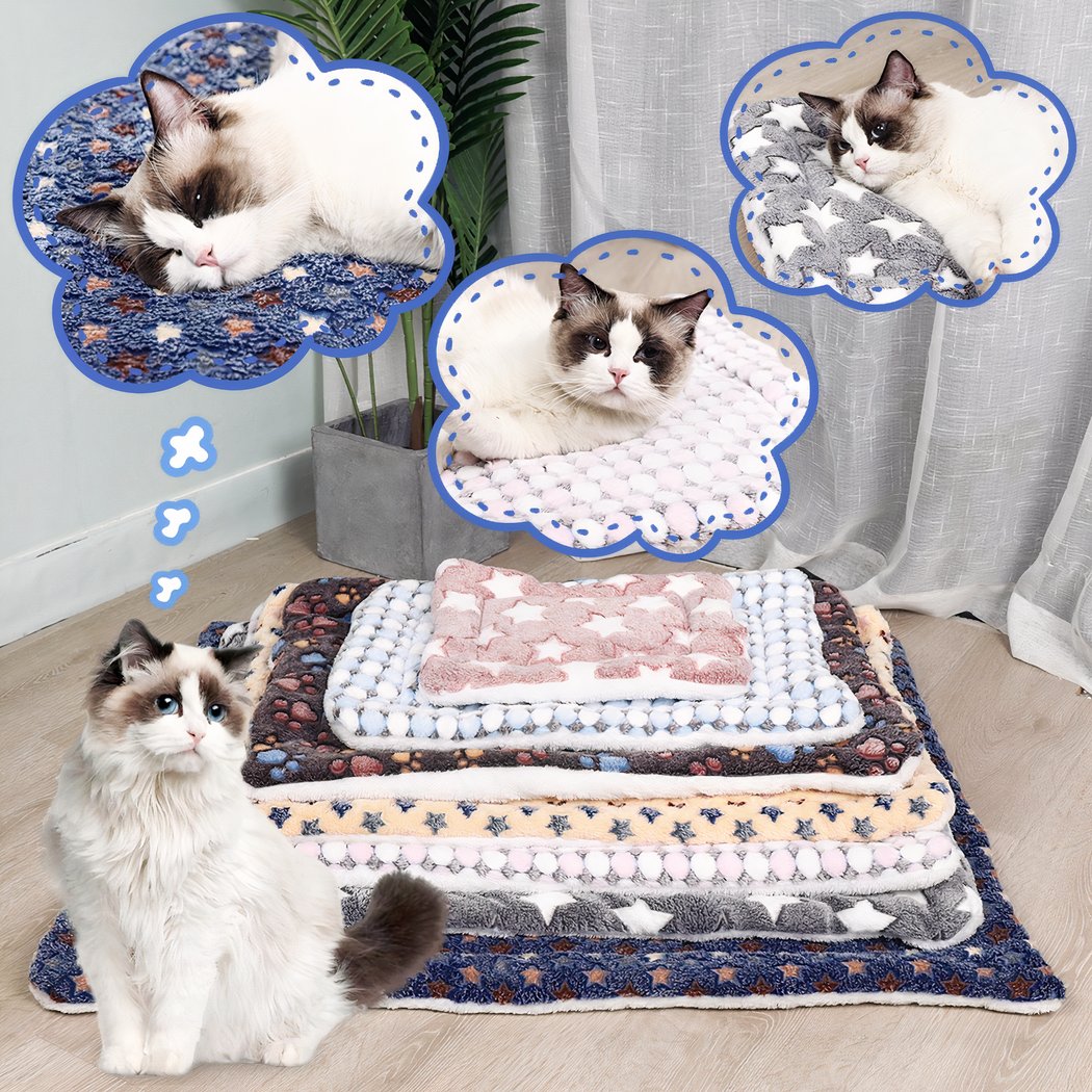On voit un chat devant un tas de couvertures. Il est blanc et marron et il y a trois bulles au-dessus de sa tête qui le représentent en train de dormir ou de se prélasser sur ces couvertures.