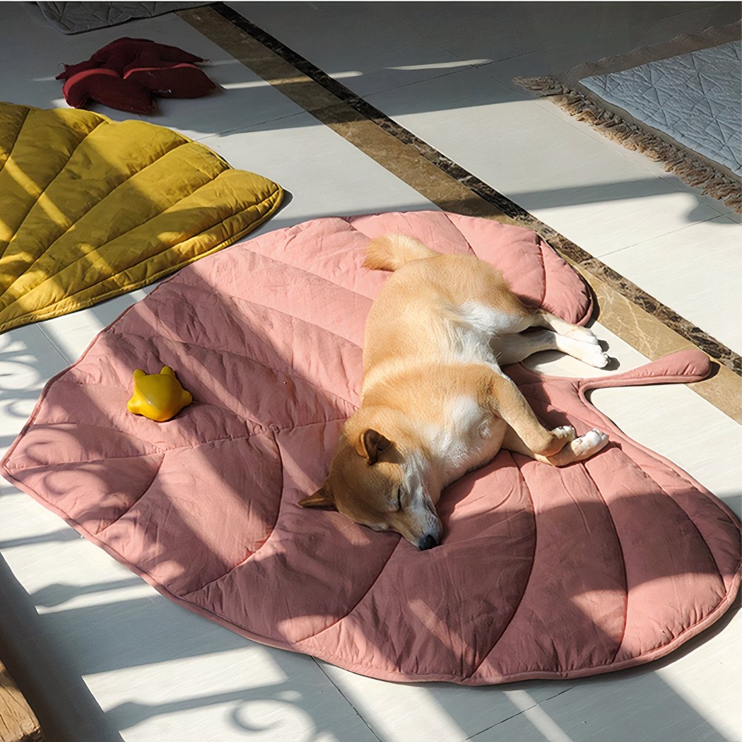 Couverture en forme de feuille rose avec chien allongé dessus.