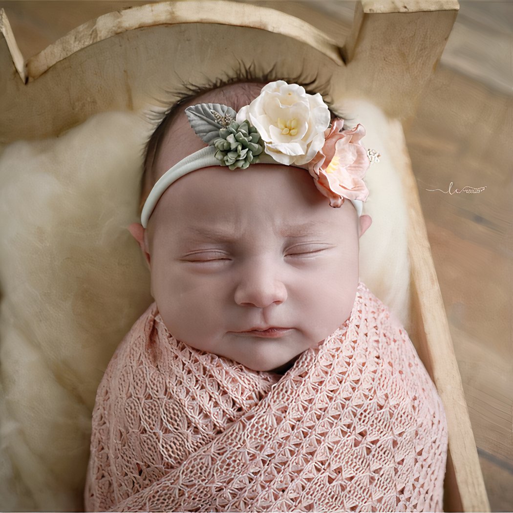 Bébé enveloppé et photographié dans une couverture tricoté en crochet de couleur rose.