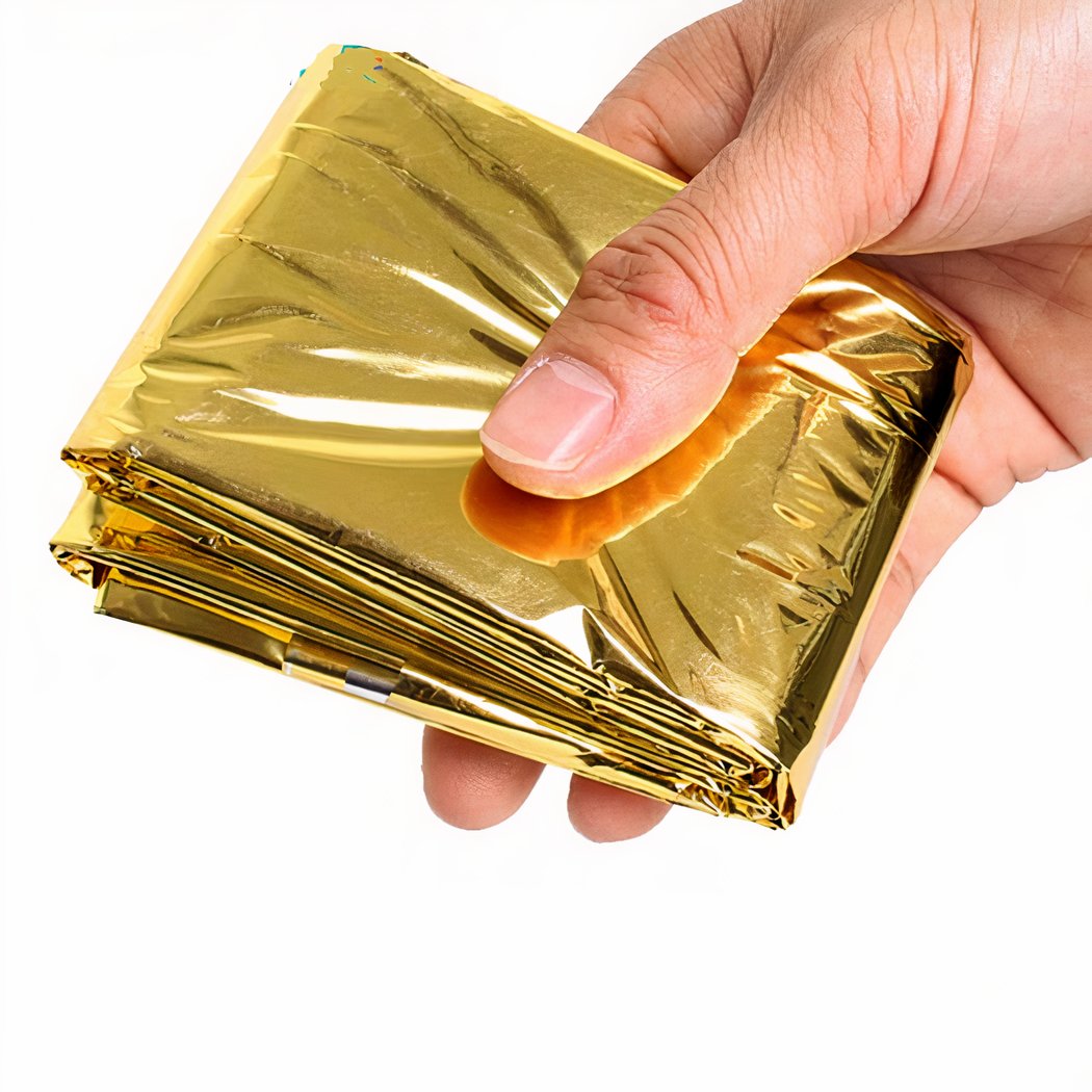 On voit une couverture de survie dorée de poche dans la main d'un homme.