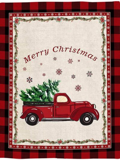 Plaid avec une voiture pickup rouge à l'ancienne, chargée d'un sapin de Noël, sur fond beige, avec des étoiles de noël au-dessus et Merry chrismas écrit encore au-dessus. Les bordures du plaid forment un cadre avec des carreaux noir et rouge, et des genres de guirlandes à l'intérieur.